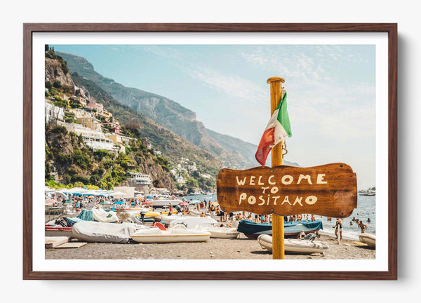 Welcome To Positano in a Heritage Walnut frame