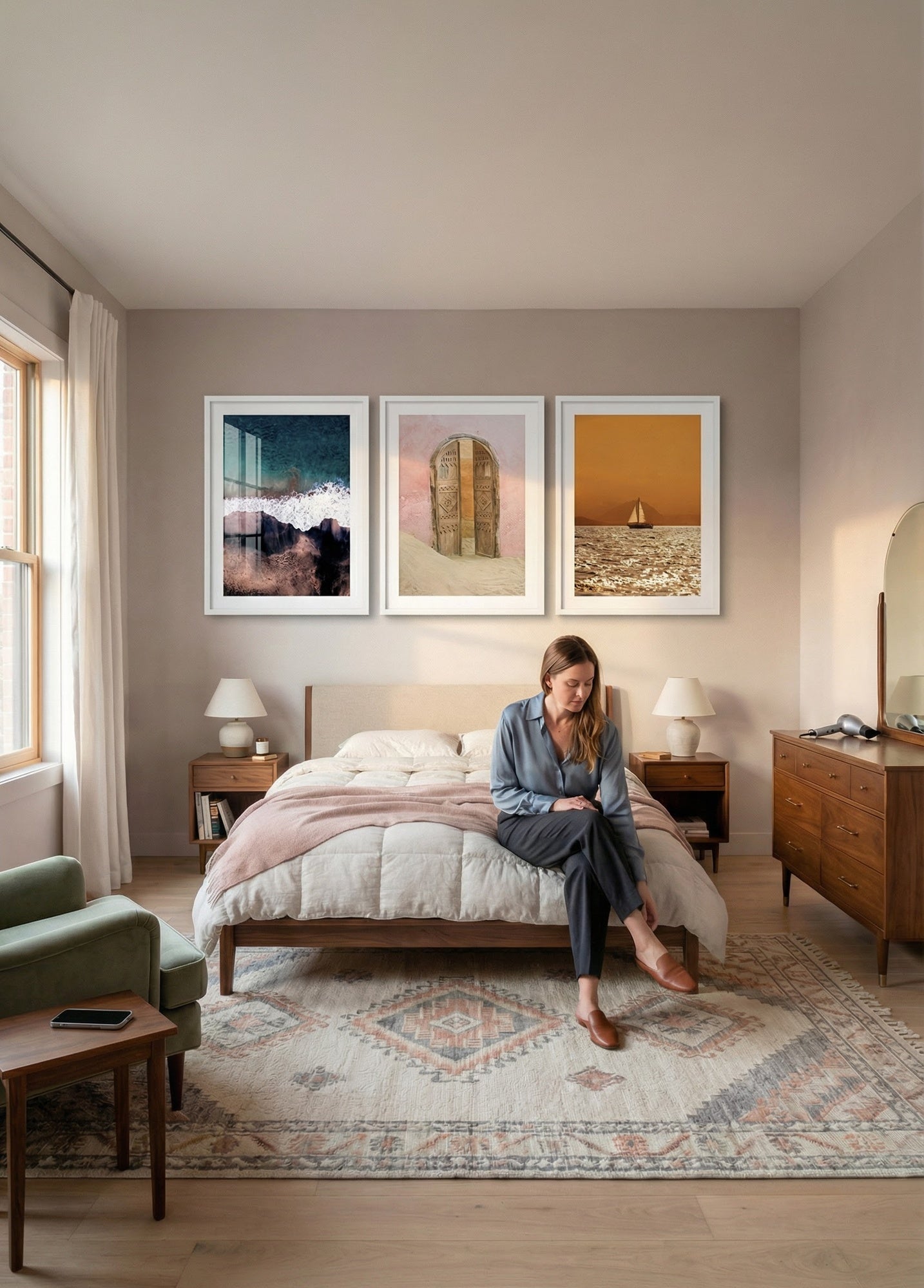 Three framed artworks in black and blue tones displayed above a bed in a modern bedroom setting.